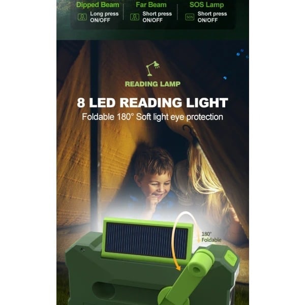 [QD] 10 000 mAh:n aurinkokennokäyttöinen hätäradio käsikammella, käsikammella tuotettavalla virralla, taskulampulla, USB-monitoimiradio, vihreä