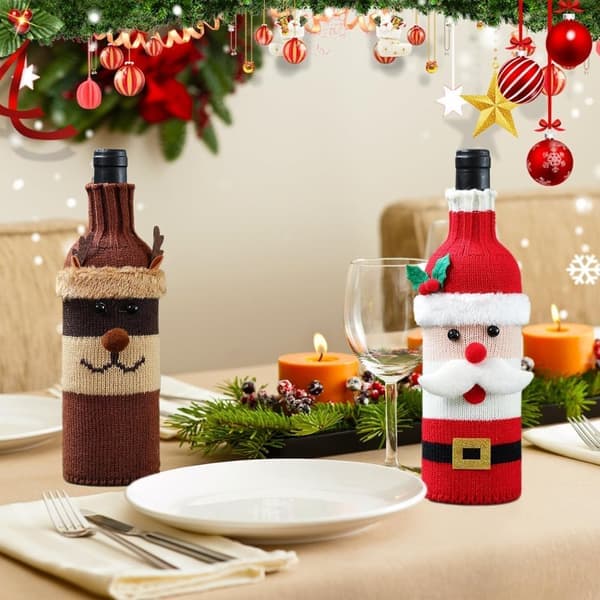Julöverdrag för vinflaskor, 3-pack stickade vinflasköverdrag, vinflaskförpackningar för jul, vinflaskdekoration