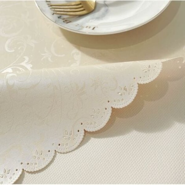#QD#PU-belagd plastduk rund fläckresistent vattentät vaxduk Elegant blomstertryck för picknick, utomhus, trädgård - Diameter 140 cm, ljusbeige
