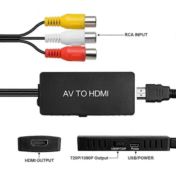 QD-2 st RCA til HDMI-konverter med HDMI-kabel, RCA til HDMI-adapter, AV til HDMI