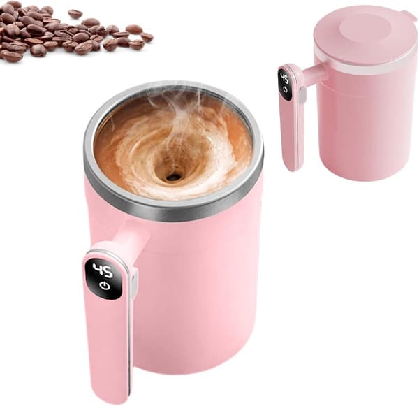 Selvrørende krus, 304 rustfrit stål, automatisk blanding, temperaturdisplay, lækagesikkert låg, til kaffe, te, shakes, pink 400 ml