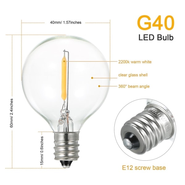 AC220-230V 1W G40 Ersättningslampor 3-pack E12 Skruvsockel Glasglobslampor för Ljusslingor Inomhus Utomhus Uteplatsdekoration Varmvit*QN