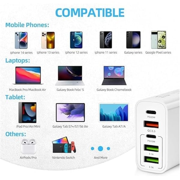 [QD] Flere Lader 65W 5 USB-porter C, QC3.0, USB C PD20W Adapter, Flere Ladere, Raskere og Sikrere Lading. Kompatibel med Alle Mobiltelefoner