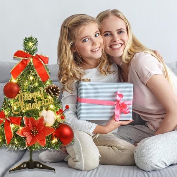 Mini Christmas Tree 45cm with Decorations, Tabletop Christmas Tree and Hanging Christmas Tree with LED Lights