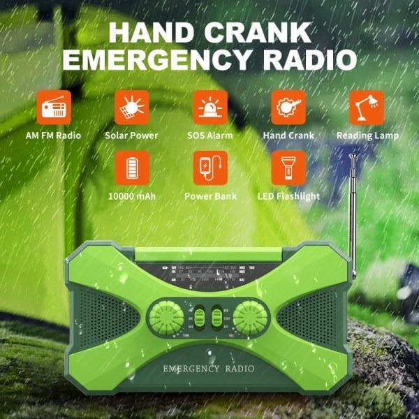 [QD] 10 000mAh Soldriven Nödradio med Handvev, Handvevsströmsgenerering, Ficklampa, USB Multifunktionsradio, Grön