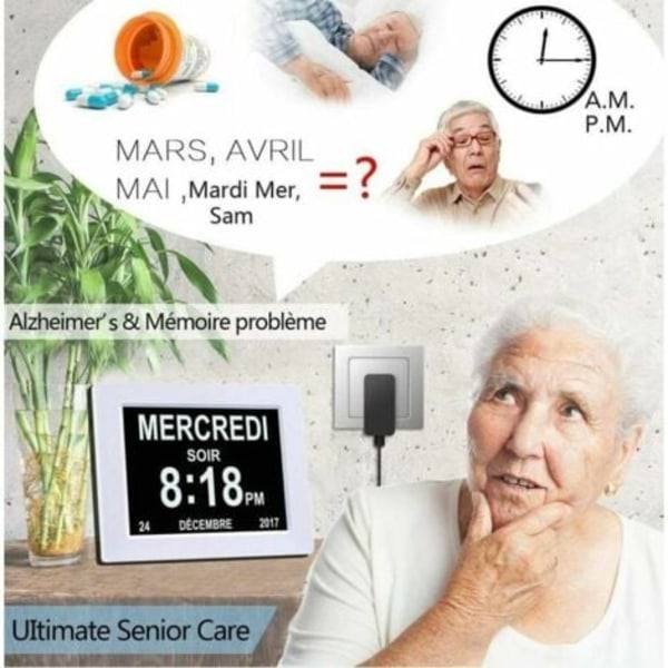 QU/One Piece 7-tommers Digital Kalenderur med Dato og Tid, Alzheimer's Forældreur, Medicinpåmindelse til Bedsteforældre og