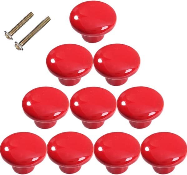 10-pakning møbelknotter, keramiske, røde, 32 mm diameter, for skuffer/dører