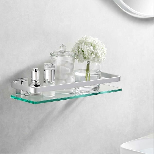 \"QD\" Badrumshylla i aluminium med härdat glas, rektangulär, 1 hylla, extra tjock, silver sandblästrad, väggmonterad