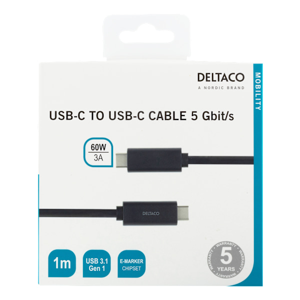 USB-C til USB-C kabel, 1 m, 3 A, USB 3.1 Gen, E-Marker, sort