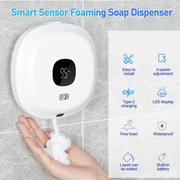 Wall-mounted automatic soap dispenser, 300 ml smart sensor soap dispenser, touchless foam dispenser, white White