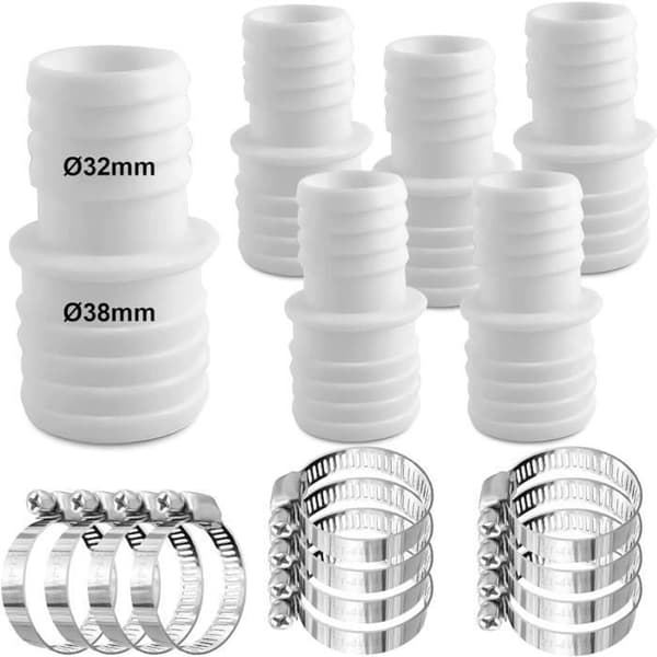 6-pack slangkopplingar ∅32mm till ∅38mm, 12 slangklämmor, poolslangadapter, vit