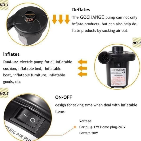 /QD/Elektrisk Pumpe Inflator Deflator Madrass med 3 Dyser for Camping Seng Møbel Bil