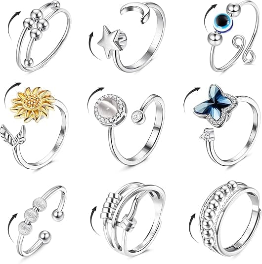 9 stk. angstringe til kvinder og mænd, spinnerringe til angstlindring, stress, åbne CZ blomst måne stjerne anti-roterende ringe justerbare Silver - E