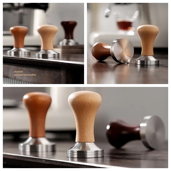 QU. Opgraderet 58MM kaffetamper, 304 rustfrit stål + massivt træhåndtag, professionel tamper til italiensk kaffemaskine