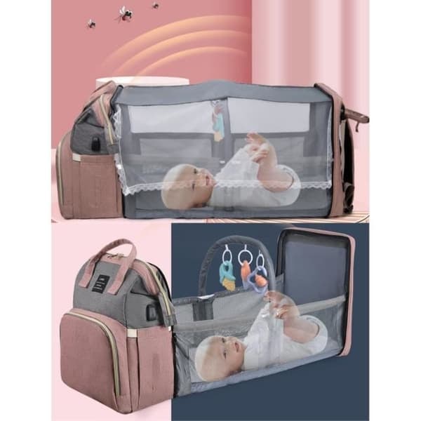 /QD/ Stor skötväska babyryggsäck, portabel skötväska med hopfällbar babysäng (blå)