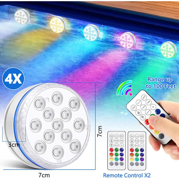 \"QD\" Poolbelysning, 4 st LED undervattenspoollampor, 16 RGB LED poollampor, fjärrkontrollampor IP68 vattentäta poollampor