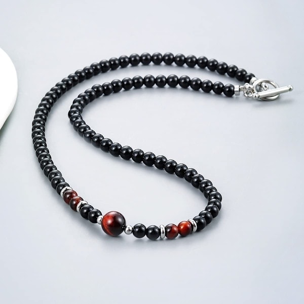 QU/Pärlhalsband för män | Pärlhalsband för män | Halsband med helande ädelstenskristaller Ojo de tigre negro/rojo