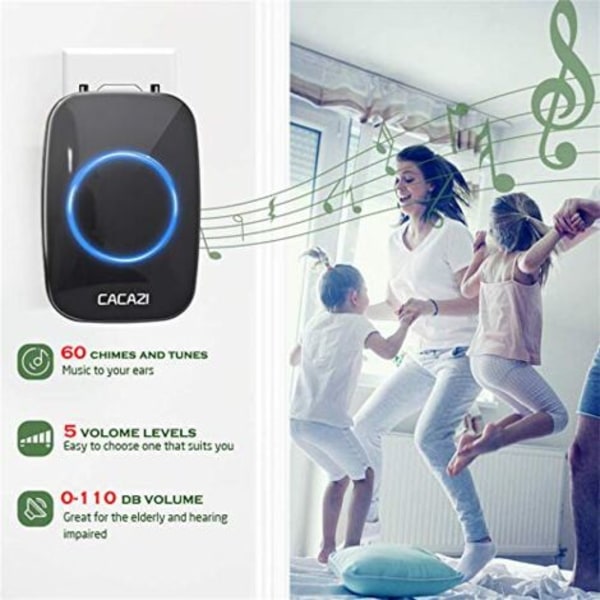 #QD#CACAZI trådløs dørklokke Vandtæt 300M 60 musikændringer, 5 lydstyrkeniveauer, smart dørklokke Batteridrevet 110V-220V