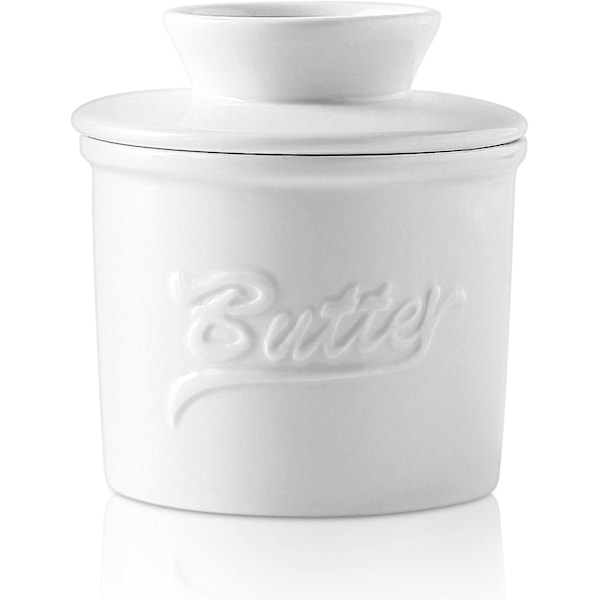 QU*Fransk Smørskål, Keramisk Smørkrukke, Fransk Smørbeholder, Keramisk Smørfad med Låg, Smørfad i Porcelæn, Fransk Smørskål til Køleskab, Blødt Smør (Hvid)