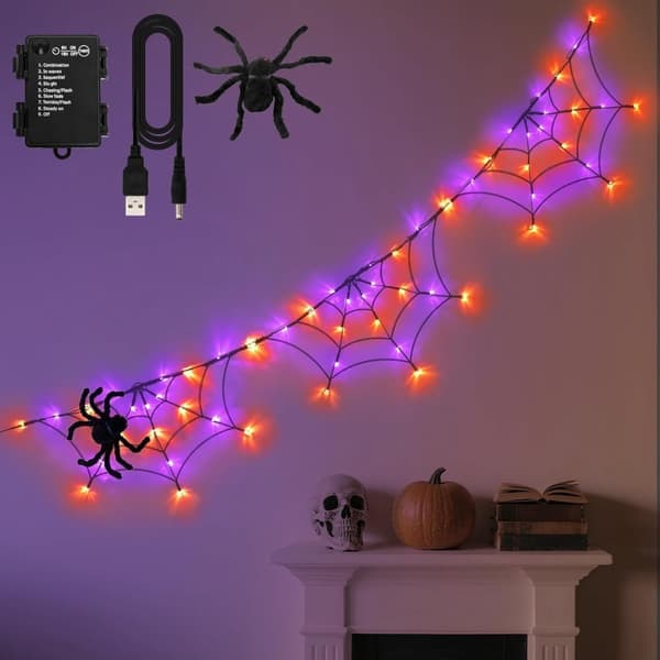 Halloween Spindelvev 1.8m Med 60LED - Batteri/USB Timer 8 Lysmoduser