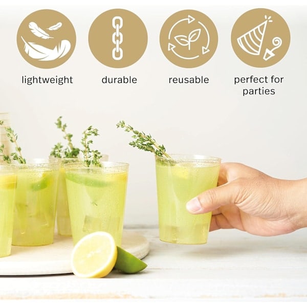 [QD]50 Premium Tykke Plastglass, Plastpartyglass med Gullglitter (285ml / 10oz) - Gjenbrukbare Plastglass, Tumblers