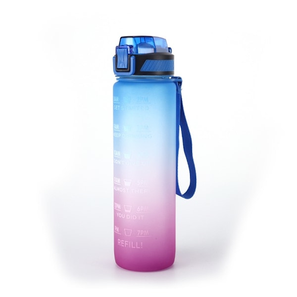 [QD] Vattenflaska med sugrör, 1000 ml dricksflaska med tidsmarkeringar - Tritan BPA-fri - Sportvattenflaska läckagesäker med låslock Blå/Lila