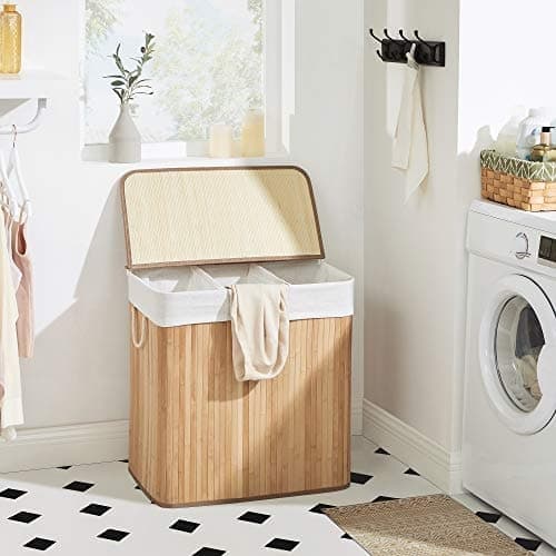 Stor tvättkorg i bambu med lock och sorteringsfack