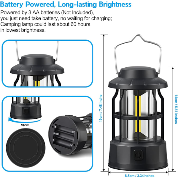 Campinglygter Batteridrevne, LED Camping Lysstyrke Dæmpbar, IPX4 Vandtætte Campinglamper, Bærbar Campinglampe til Hjemmet, Skur og Mere Black