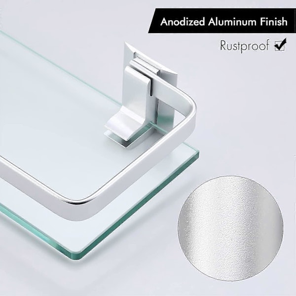 \"QD\" Badrumshylla i aluminium med härdat glas, rektangulär, 1 hylla, extra tjock, silver sandblästrad, väggmonterad