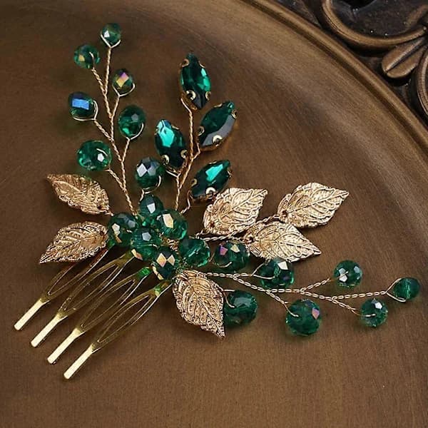 Kvinner Gullblad Hodeplagg Smaragdgrønn Krystall Hårvin Kam Bryllup Hårtilbehør Rhinestone Hårstykke Gave til Hennes Fest Hodeplagg for Brud