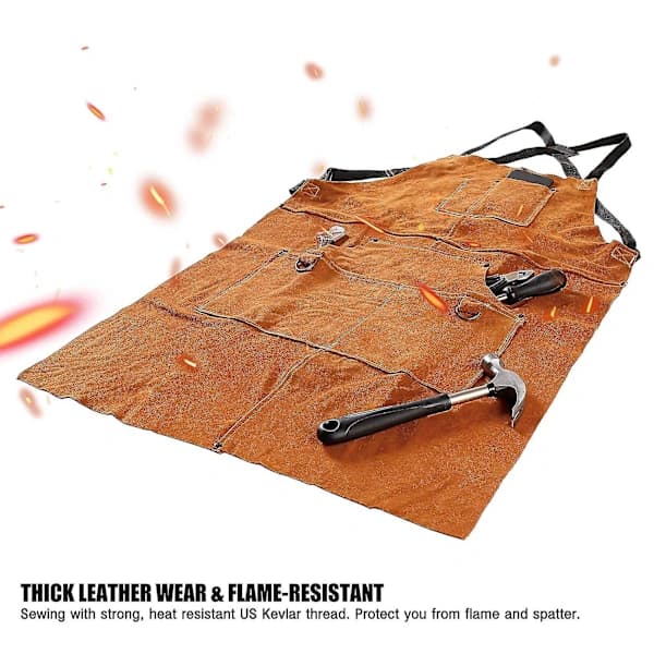 Leather Welding Apron - Heat and Flame Resistant Thick Forge Apron with 6 Pockets, 42 Inch