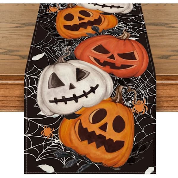 QQ-Halloween Dekorationer, Sort Græskar Edderkoppespind Bordløber, 33x183 cm