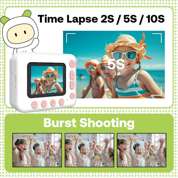Instant Børne Fotokamera, 1080P 2.4\" Instant Print Kamera til Børn med Termisk Printpapir Farve Tusser Halsrem, Pink