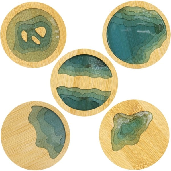 [QD] Runda Ocean Wave Epoxy Resin og Bambus Underlæg Drikkemåtte - 5-pak