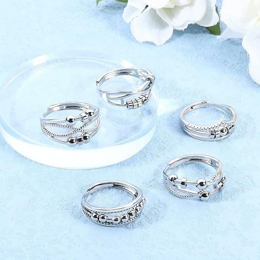 9 Pieces Anxiety Rings for Women and Men, Adjustable Stackable Spinner Rings with Beads for Stress Reduction Silver - B
