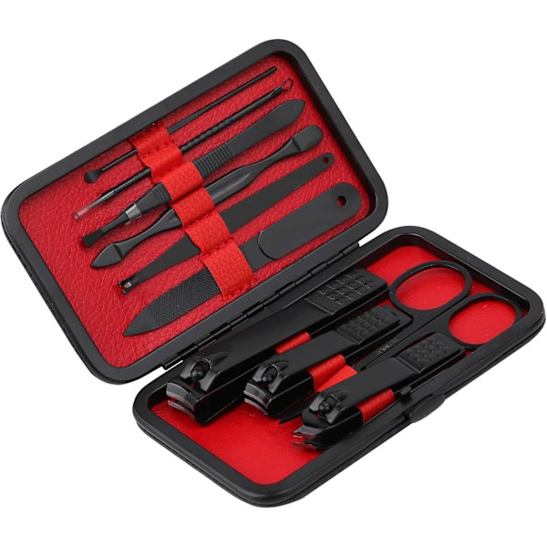 Manikyrset Nagelsax Kit Professionella Rostfria Nagelvård Verktyg med Läder Resväska 10 i 1 Svart