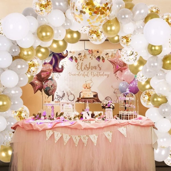 [QD] Ballongbue & Guirlande Kit, 138 stk. Festballoner Dekorationssæt, Guld Konfetti & Sølv & Hvide & Transparente Balloner