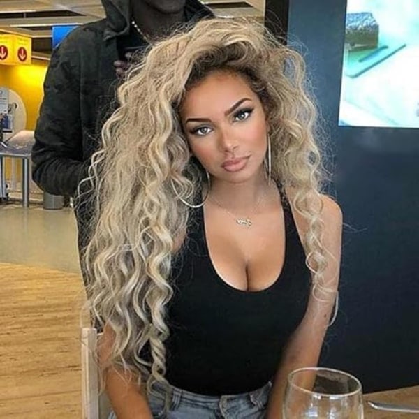 [QD] Lång lockig vågig peruk grå blond kvinnlig blandad blond lockig peruk