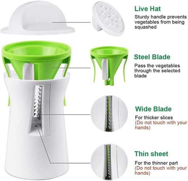 Grønnsaksspiralizer med 3 utskiftbare blader og fingerbeskyttelse for gulrot, agurk, squash, hvit grønn