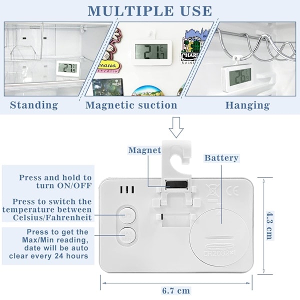 QD-Kyltermometer Digital kyltermometer, 2-pack Digital vattentät kyl- och frysskåpstermometer med lättläst LCD-skärm (vit-2)