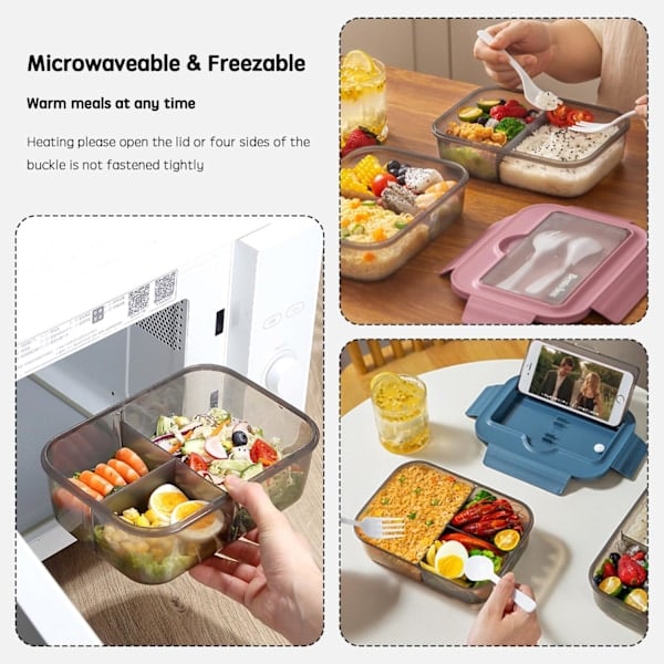 \"QD\" Mikrovågssäker Lunchlåda, 1400ml Matlåda med 3 Fack och Bestick, Lunchbox för Picknick, Arbete, Skola (Blå)