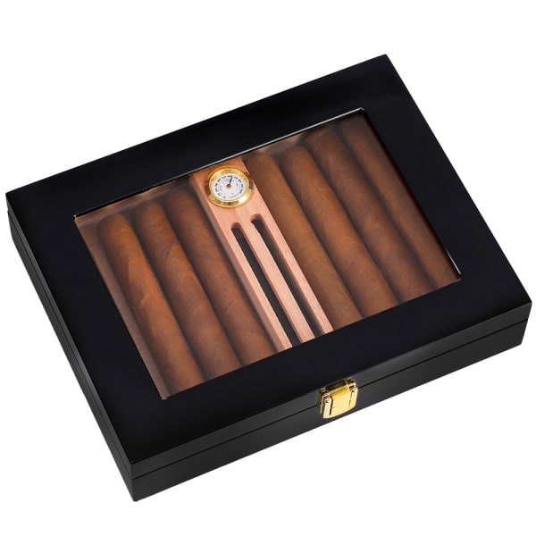 [QD] Högglansig cigarrhumidor cigarrlåda för 10-15 cigarrer, äkta massiv spansk ceder, lyxig hygrometer och luftfuktare, D