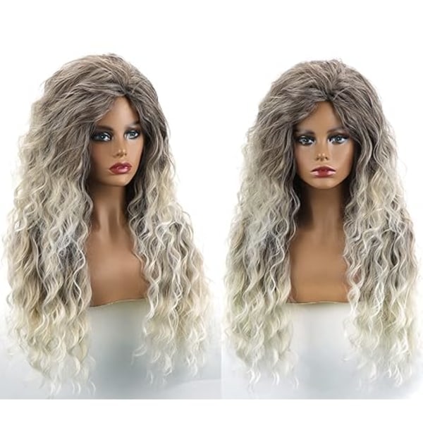 [QD] Lång lockig vågig peruk grå blond kvinnlig blandad blond lockig peruk