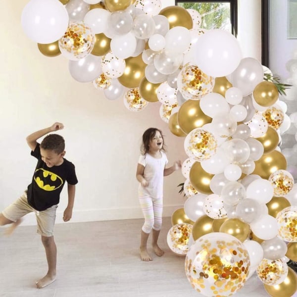 [QD] Ballongbue & Guirlande Kit, 138 stk. Festballoner Dekorationssæt, Guld Konfetti & Sølv & Hvide & Transparente Balloner