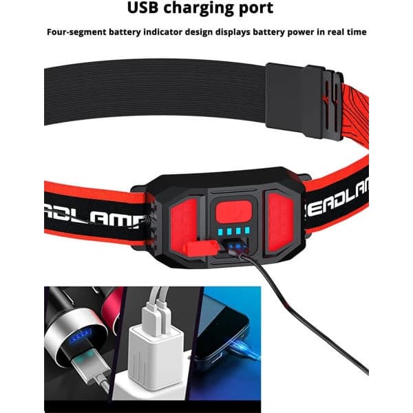 Hodelykt USB Oppladbar Ultrabred Stråle Hodelykt, 210° Sterkt Rødt Lys Hodelykt, 3 Lysmoduser