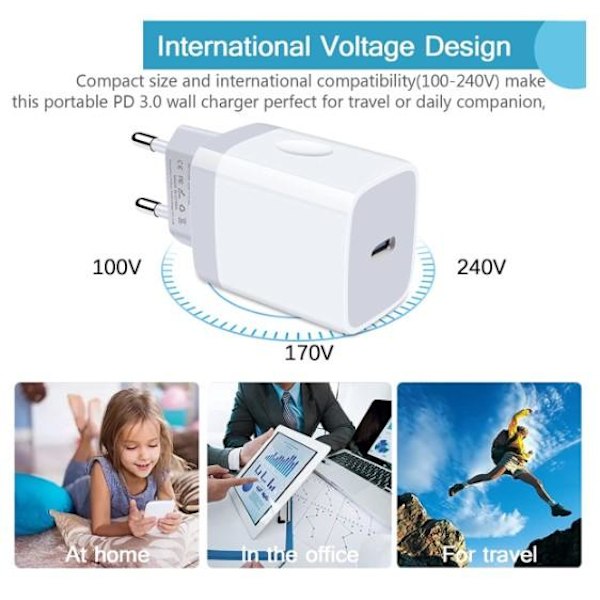 iPhone Snabbladdare USB-C Strömadapter 20W + 2m Kabel Whi_qu White (1st Laddare & 1st 2m laddkabel)