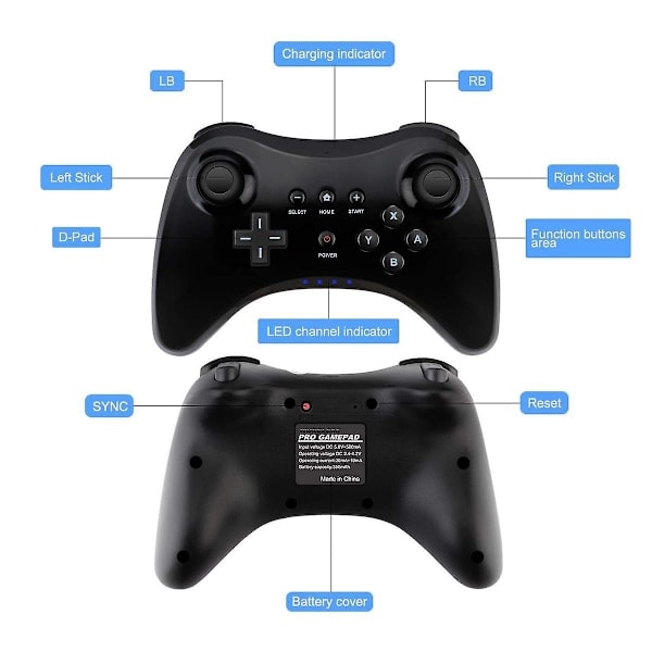 [QD] Pro Kontroller for Wii U, Trådløs håndkontroll for Nintendo Wii U Kontroller Gamepad Joystick Dobbel Analog Spillkontroll (Svart)