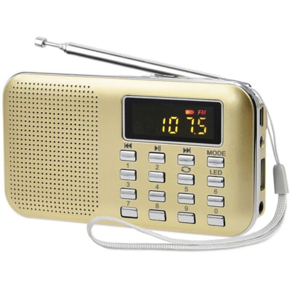 QU/Kannettava radio, FM AM -radio, toimii akulla ja verkkovirralla, MP3, kaiutin, tukee TF-korttia/USB:tä, taskulamppu, sopiva (kulta)