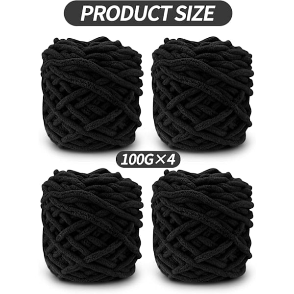 [QD] Broderigarn 4 x 100g Flerfarvet Broderigarn til Hækling, Blødt Tykt Garn, Sort