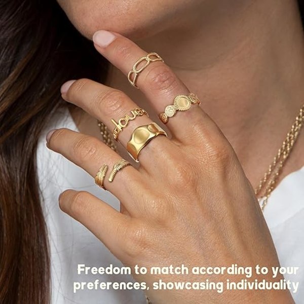 18K Guldpläterade Ringar för Kvinnor, Rostfritt Stål Uttrycksfulla Ringar Paket Stapelbara Boho Midi-ringar Justerbar Öppen Ring Twisted Signetringar gold